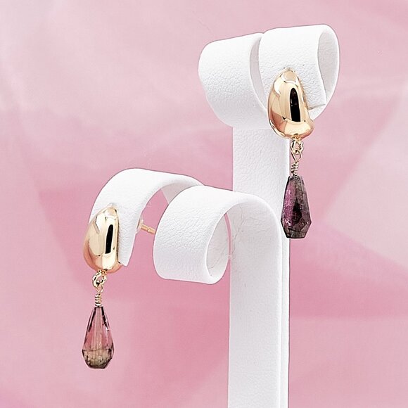 Pink Tourmaline Dainty Stud Earrings, 14K Gold Filled Teardrop Studs - Picture 1 of 9